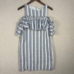 Gianni Bini Blue White Striped Ruffle Cold Shoulder Shift Dress Small